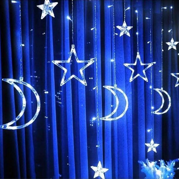 Гірлянда Штора 2,5 м, 220 В, "Зірка та місяць", 138 LED, з пультом, Синя/Світодіодна гірлянда на вікно 260256 фото